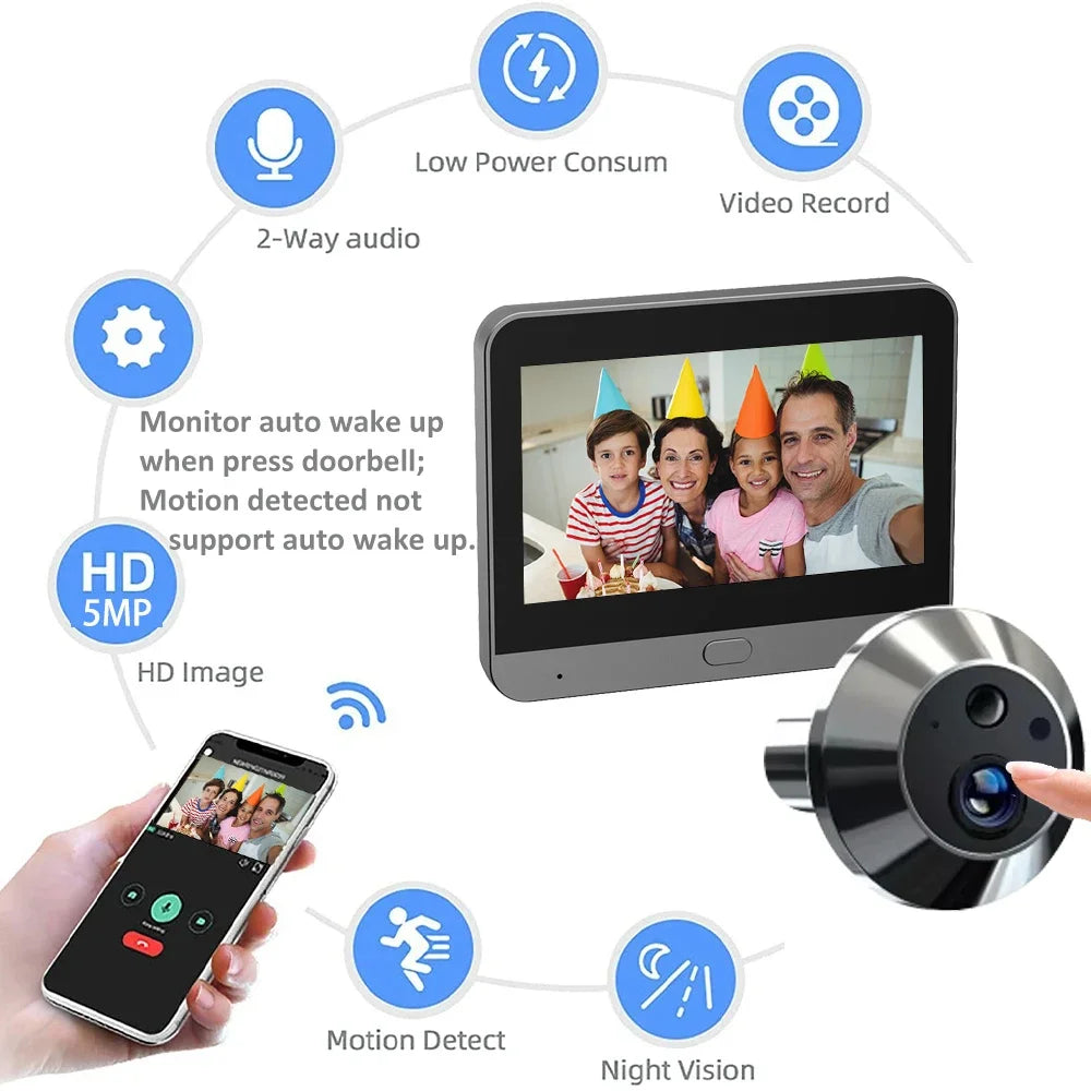 5MP Tuya Smartlife Home Doorbell Cat Eye Camera PIR Motion Detection Wifi Doorbell Night Vision Peepholes 4.3 Inch Baby Monitor