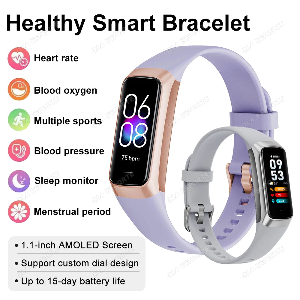 Men Women Health Smart Bracelet All-day Heart Rate Monitoring AMOLED Screen Fitness Clock Sports Smart Wristband Message Preview