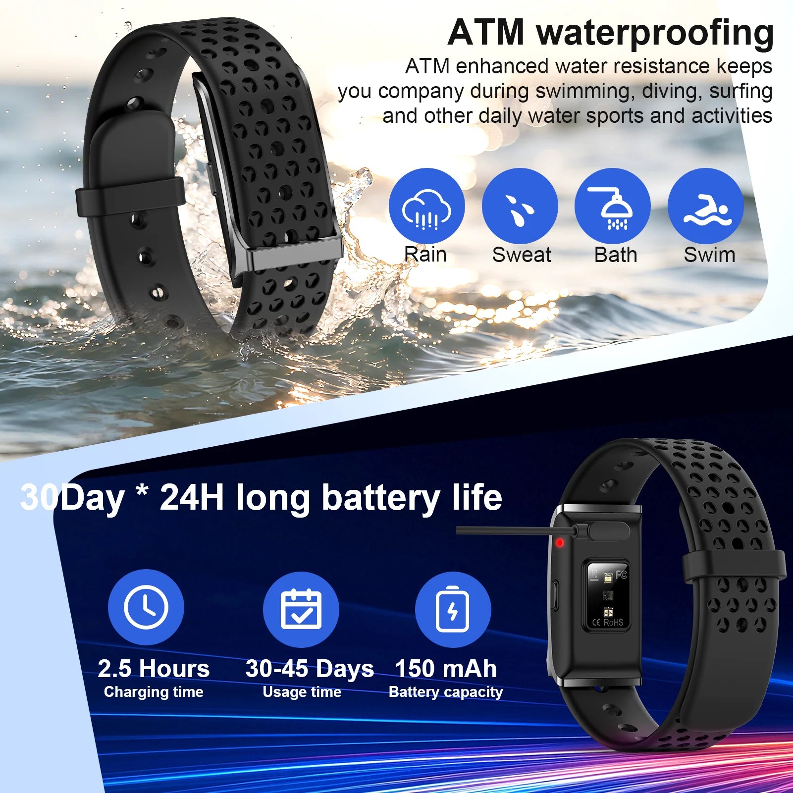 Smart Bracelet Women Men Heart Rate Blood Pressure SpO2 Sleep Tracker Activity & Fitness Trackers 170+ Sports Modes Wristbands