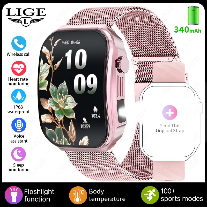 LIGE New 2.2 inch 3D curved Screen Smart Watch Men Bluetooth Call Flashlight 100+Sports Mode Man Watch Waterproof Men Smartwatch