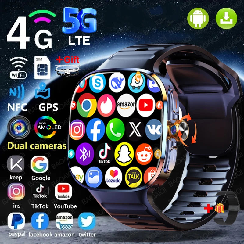 New Large Screen Smartwatch 4G/5G SIM Card Android 10.0 AMOLED 2.4 inch 900W Pull-out Swivel Camera smart watches 16GB+256GB RAM