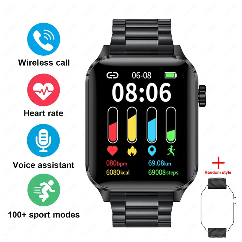 LIGE New 1.85inch HD Full Touch Screen Smart Watch Men Outdoor 100+ Sports Fitness Health Monitoring Smartwatch for Android iOS