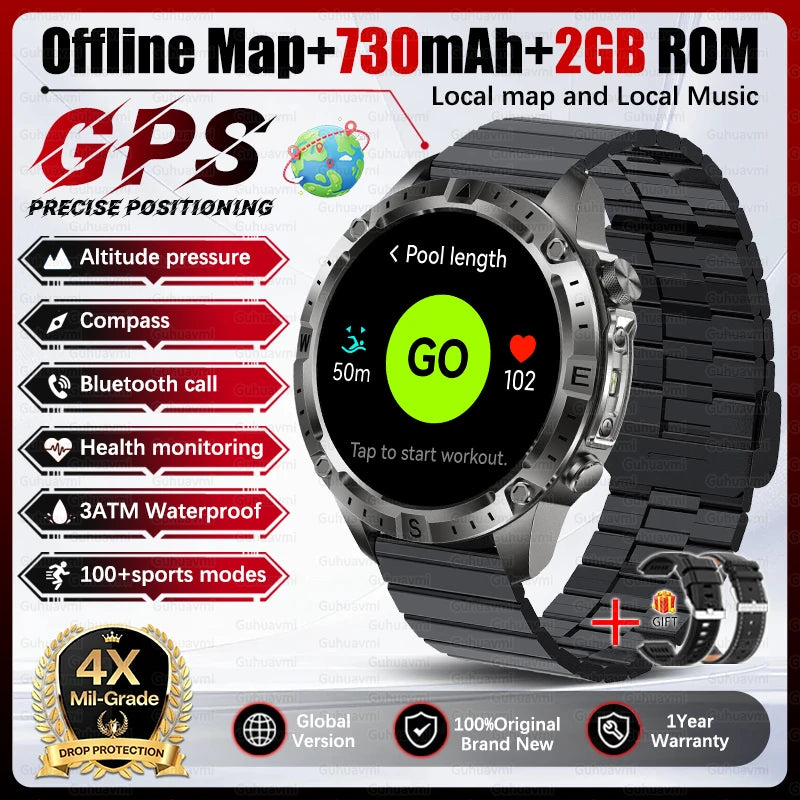 Dual-Band GPS Smart Watch Men Tactical Military Grade 1.43" AMOLED Offline Map 100+Sports 3ATM Waterproof 730mAh Battery Watches