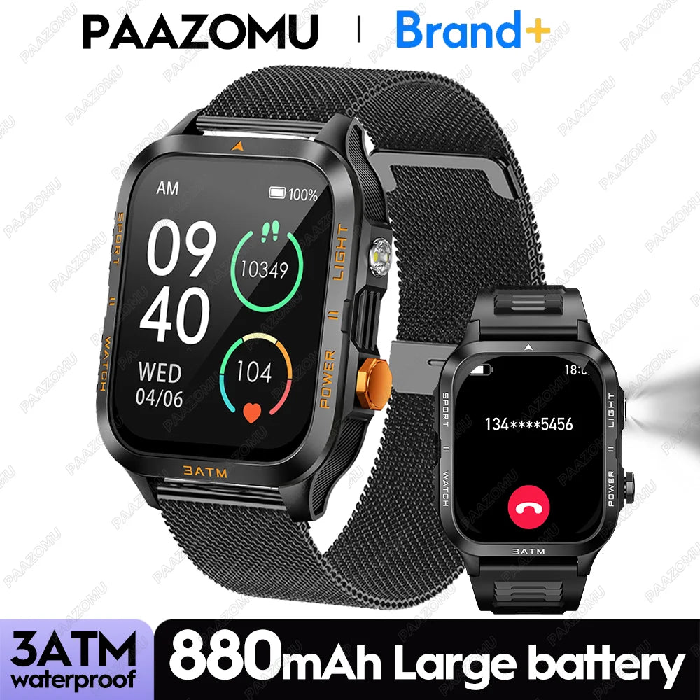 New Smartwatch 880MAH Ultra Battery 3ATM Waterproof 1.96''HD Screen Bluetooth Call Health Monitor Flashlight Sports Smart Watch
