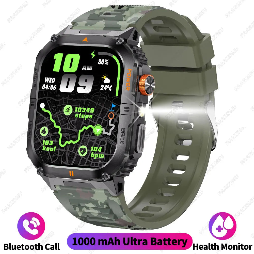 Outdoor Smart Watch for Men 1200mAh Battery LED Flashlight BT Calls Heart Rate 100+ Sports Modes Fitness Tracker for Android/iOS