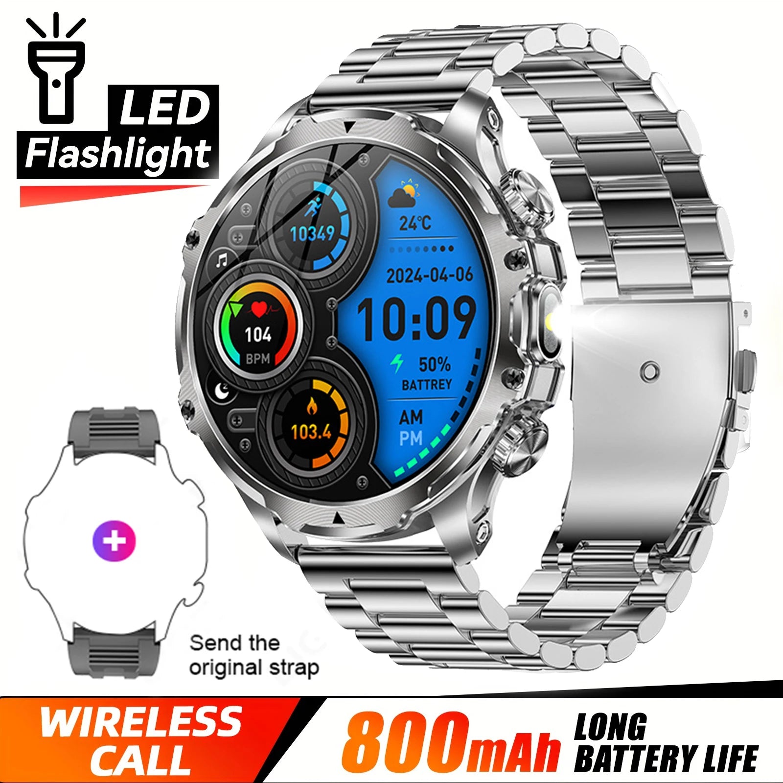 2025 New 1.9inch Men Smart Watch Flashlight Outdoors Sports Fitness Tracker 800mah Large Battery IPX8 Waterproof LED Smartwatch