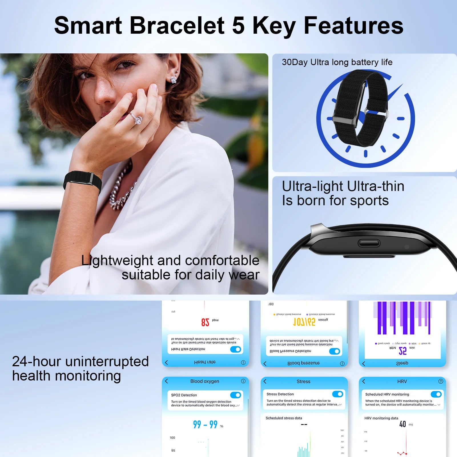 Smart Bracelet Women Men Heart Rate Blood Pressure SpO2 Sleep Tracker Activity & Fitness Trackers 170+ Sports Modes Wristbands