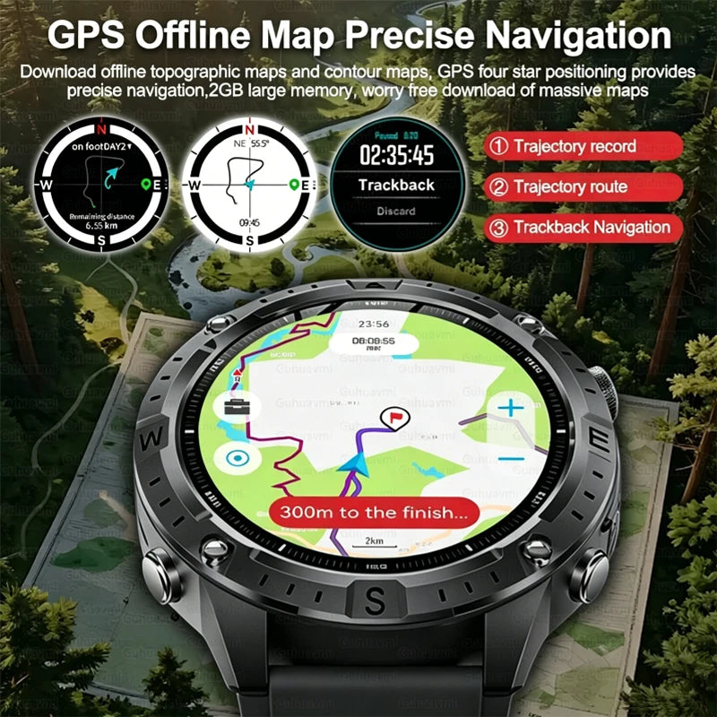Dual-Band GPS Smart Watch Men Tactical Military Grade 1.43" AMOLED Offline Map 100+Sports 3ATM Waterproof 730mAh Battery Watches