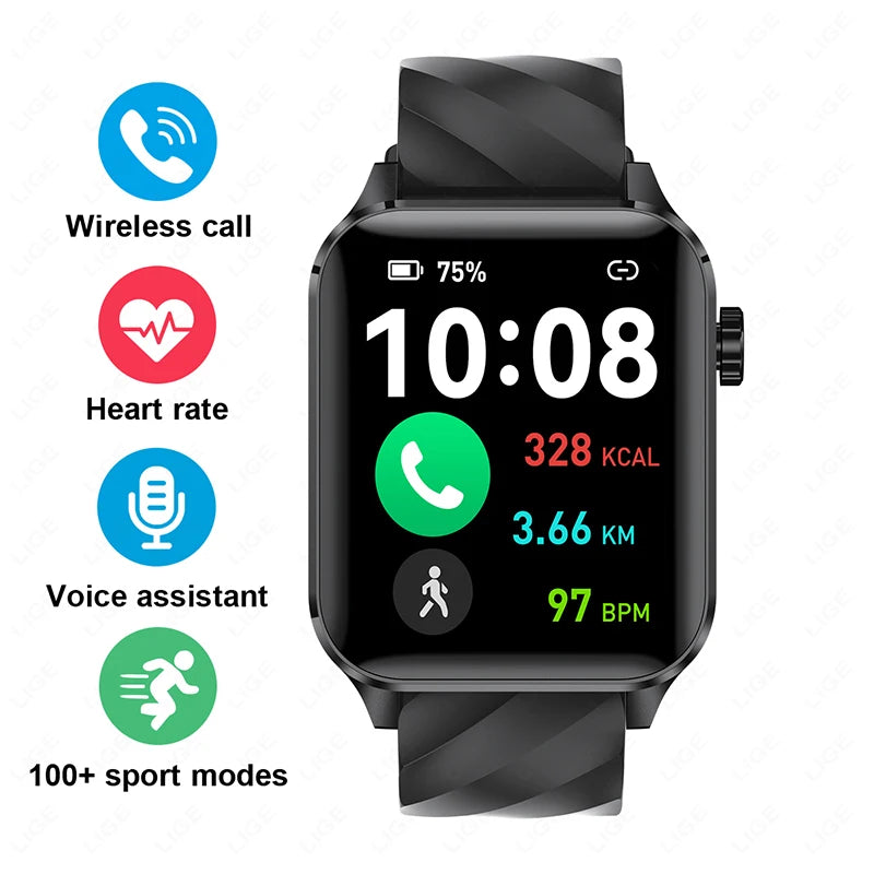 LIGE New 1.85inch HD Full Touch Screen Smart Watch Men Outdoor 100+ Sports Fitness Health Monitoring Smartwatch for Android iOS