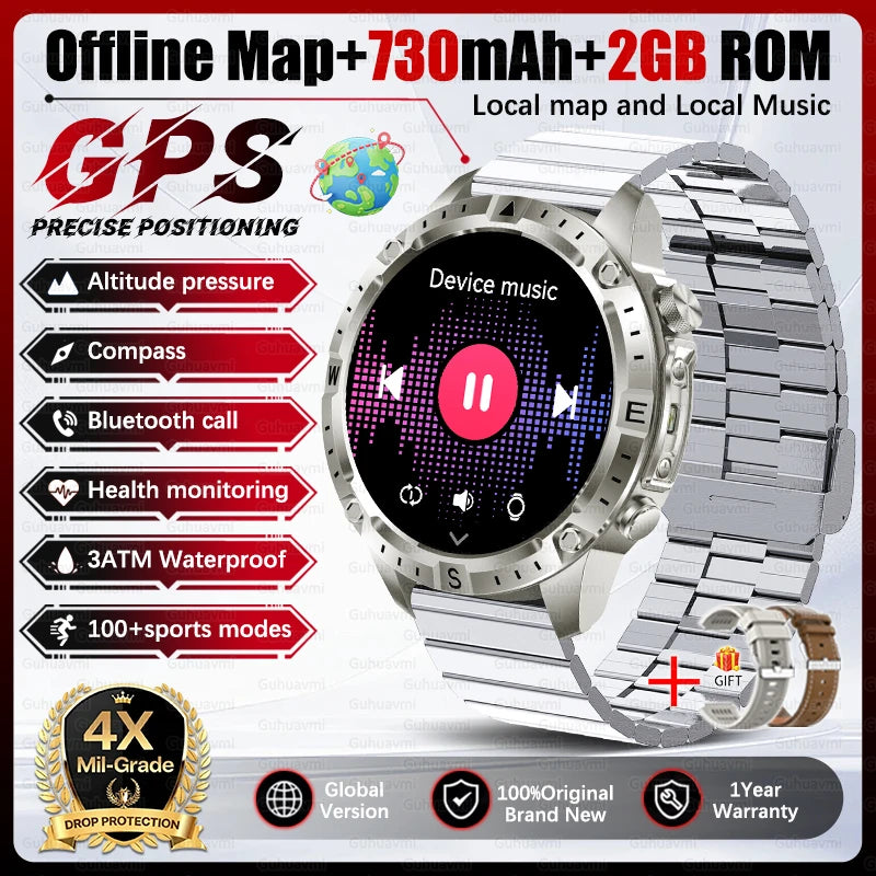 Dual-Band GPS Smart Watch Men Tactical Military Grade 1.43" AMOLED Offline Map 100+Sports 3ATM Waterproof 730mAh Battery Watches