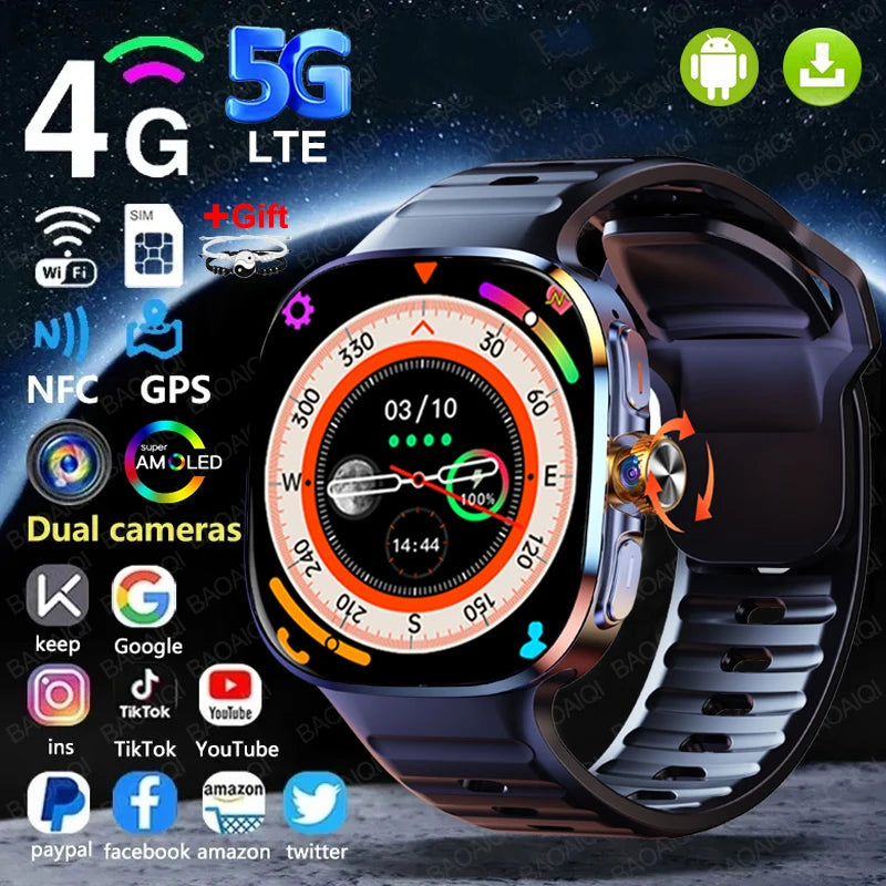 New Large Screen Smartwatch 4G/5G SIM Card Android 10.0 AMOLED 2.4 inch 900W Pull-out Swivel Camera smart watches 16GB+256GB RAM