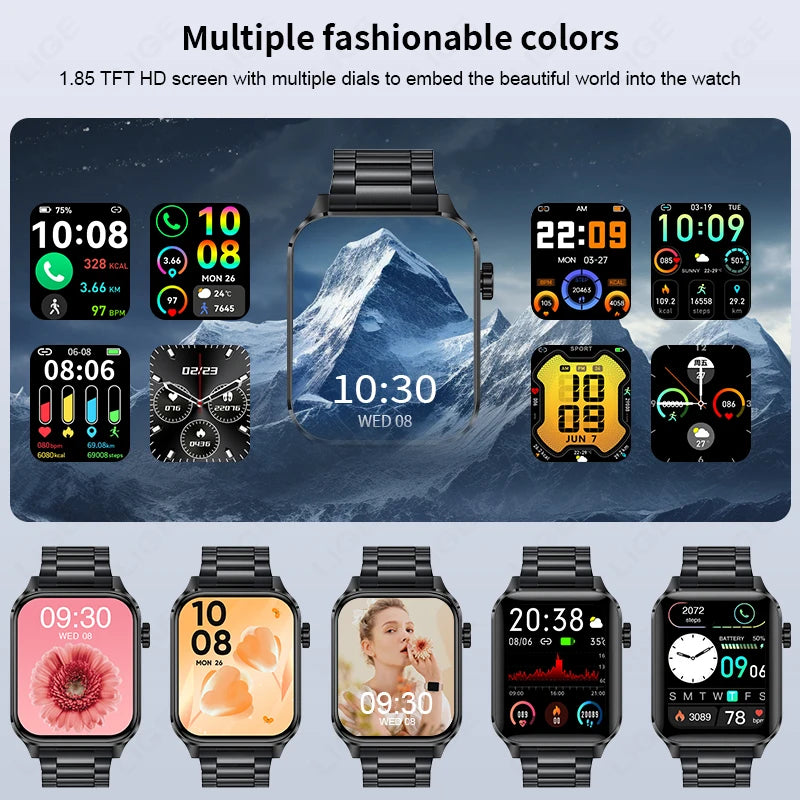 LIGE New 1.85inch HD Full Touch Screen Smart Watch Men Outdoor 100+ Sports Fitness Health Monitoring Smartwatch for Android iOS