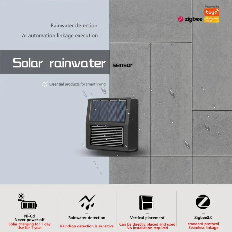 ‌Smart Home Zigbee Solar Rain Sensor - Wireless App Control, Real-Time Rain Detection, Long Battery Life for Garden Automation