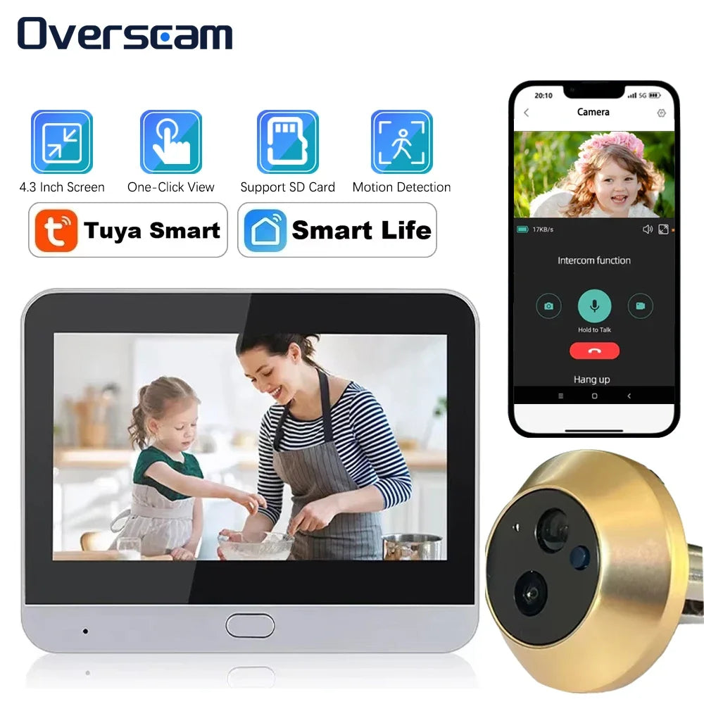 5MP Tuya Smartlife Home Doorbell Cat Eye Camera PIR Motion Detection Wifi Doorbell Night Vision Peepholes 4.3 Inch Baby Monitor