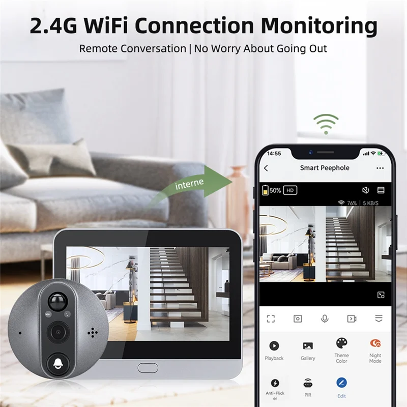 -ABDH Tuya Digital Door Peephole Smart Home 1080P 120° Wide View Angle Doorbell Camera Wifi IR Night Vision Viewer Door Bell