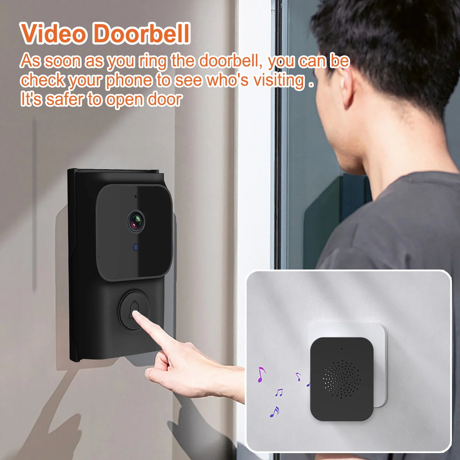 WiFi Smart Doorbell Ring Door Camera with 2 Dingdong Chime TY App Control Infrared Night Viewing Rechargeable Video Intercom