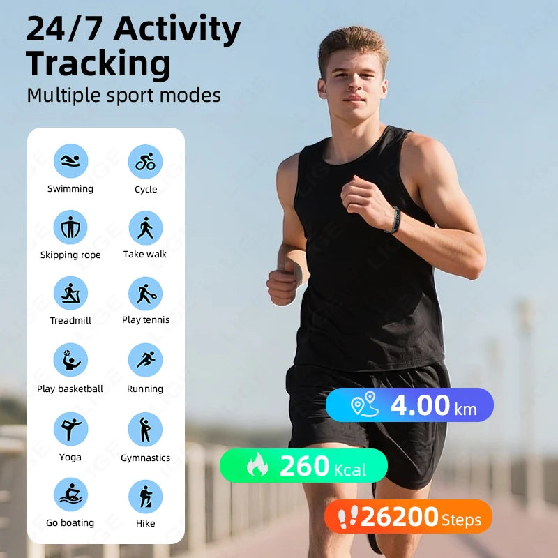 LIGE Smart Bracelet Sport Fitness Tracker Heart Rate Blood Oxygen Sleep Stress HRV Monitor Watches Step Counting Smartwatch Band