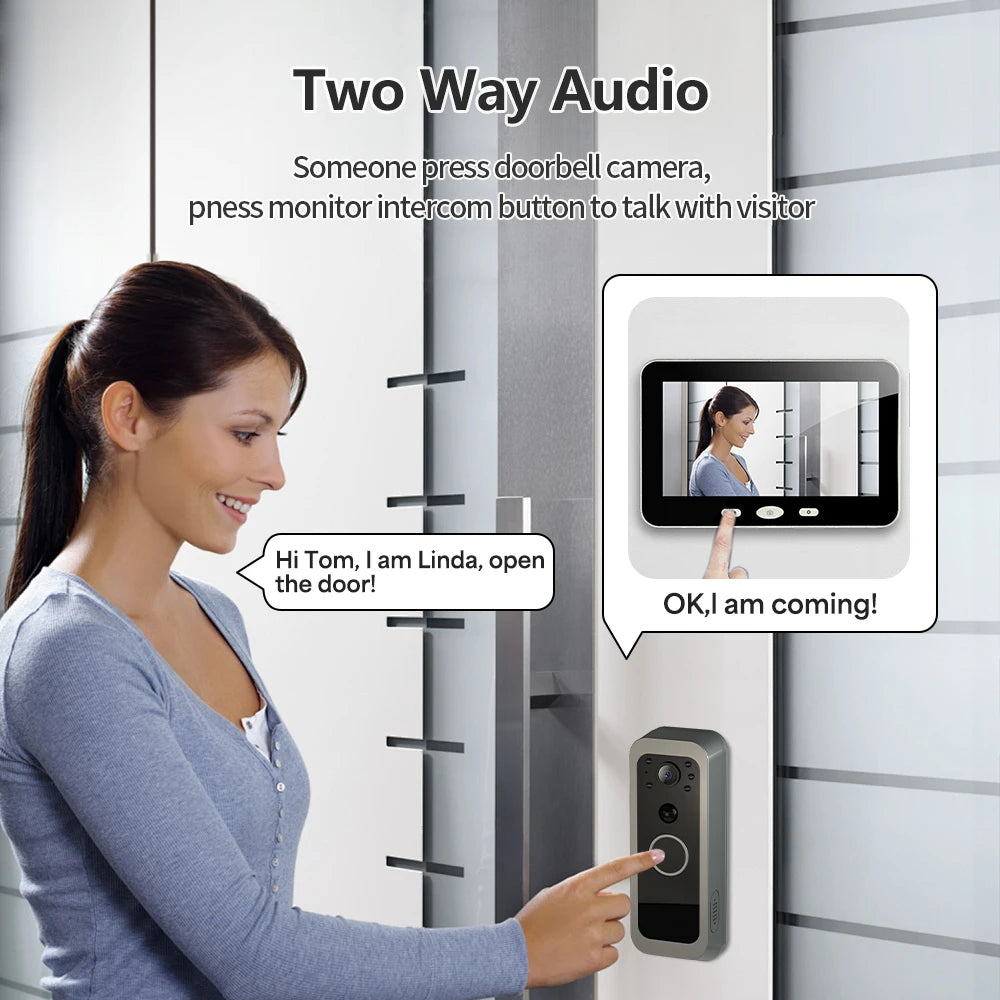 Tuya Smart Life 1080P WiFi Video Doorbell Battery 100% Wireless Door Intercom System PIR Outdoor Camera 5Inch Monitor Screen