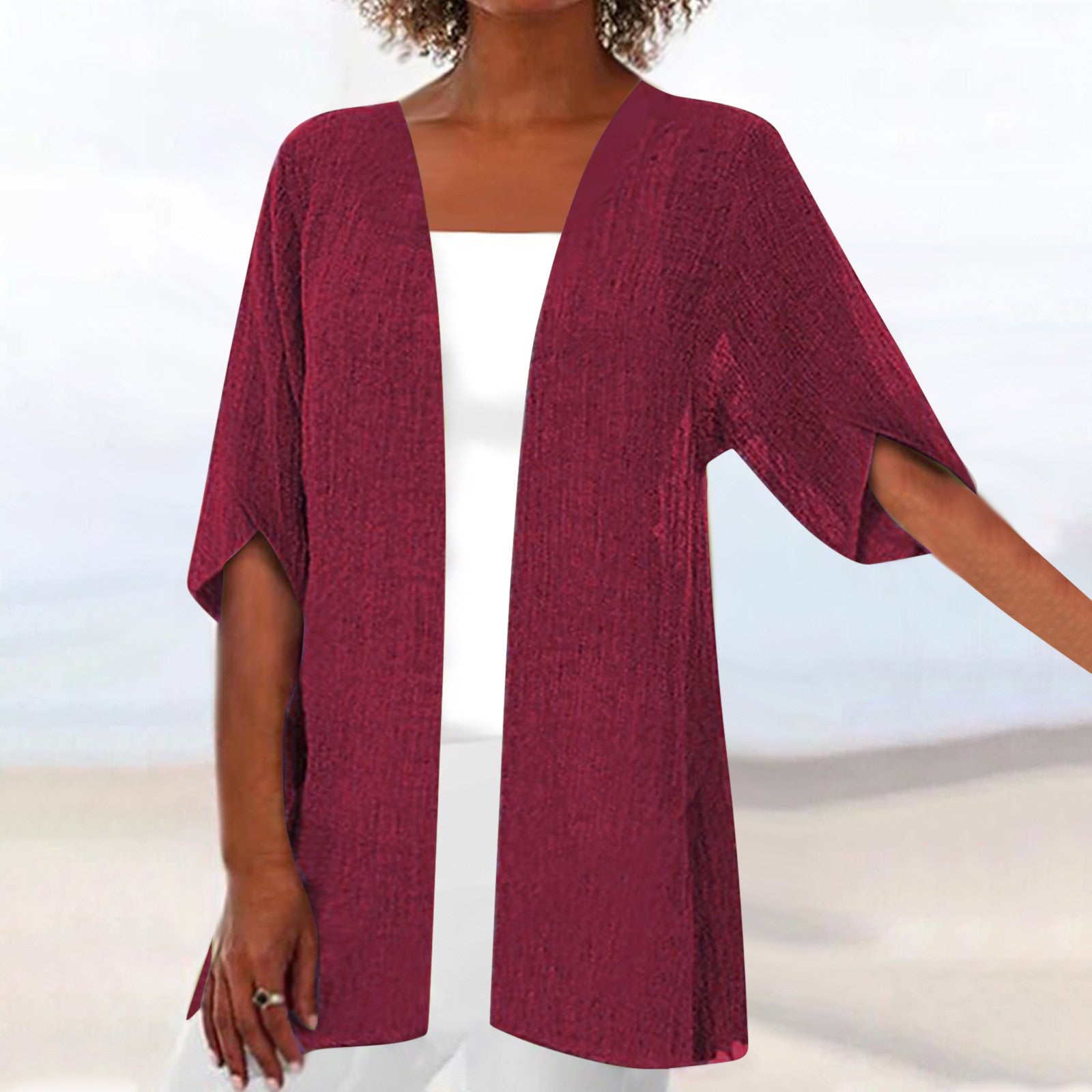 SpringSummer Casual Mid-Sleeve Solid-Color Thin Outerwear Coat
