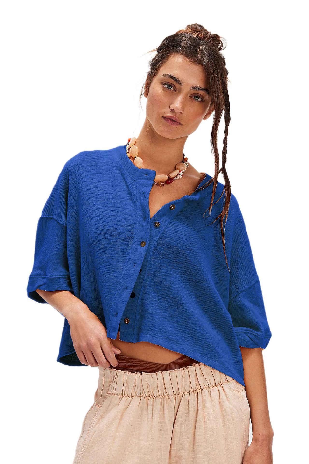 Linen Cardigan Button-up Top Three-quarter Sleeves Solid Color Womens Clothing