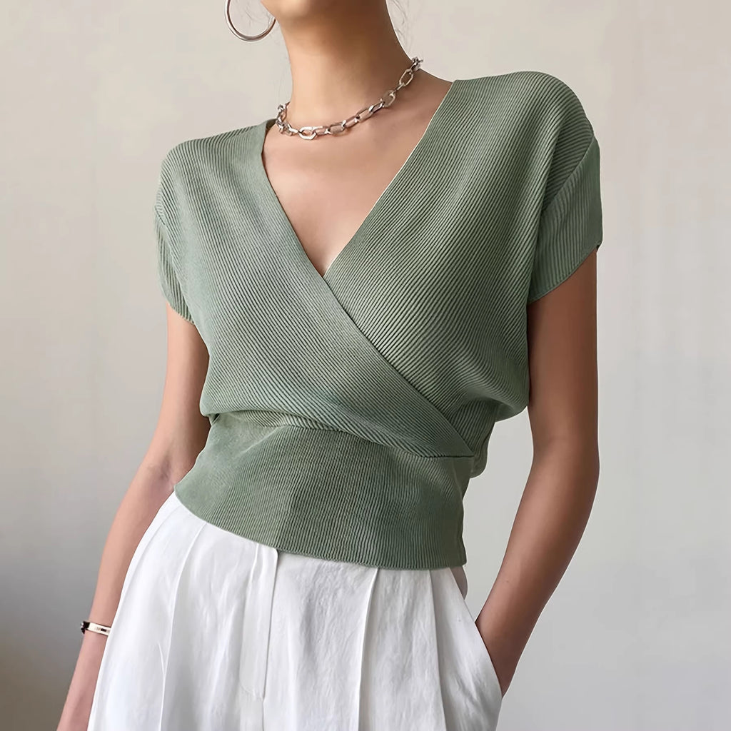 V-neck Knitted Short-sleeve High-waisted Loose T-shirt Knitted Top