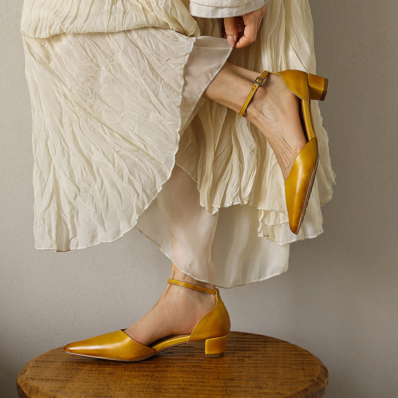 Women's Handmade Washed Leather Ankle Strap Pumps, Genuine Full-Grain Leather Pointed Toe Low Block Heel Sandals