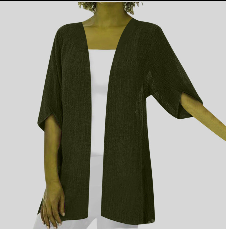 SpringSummer Casual Mid-Sleeve Solid-Color Thin Outerwear Coat