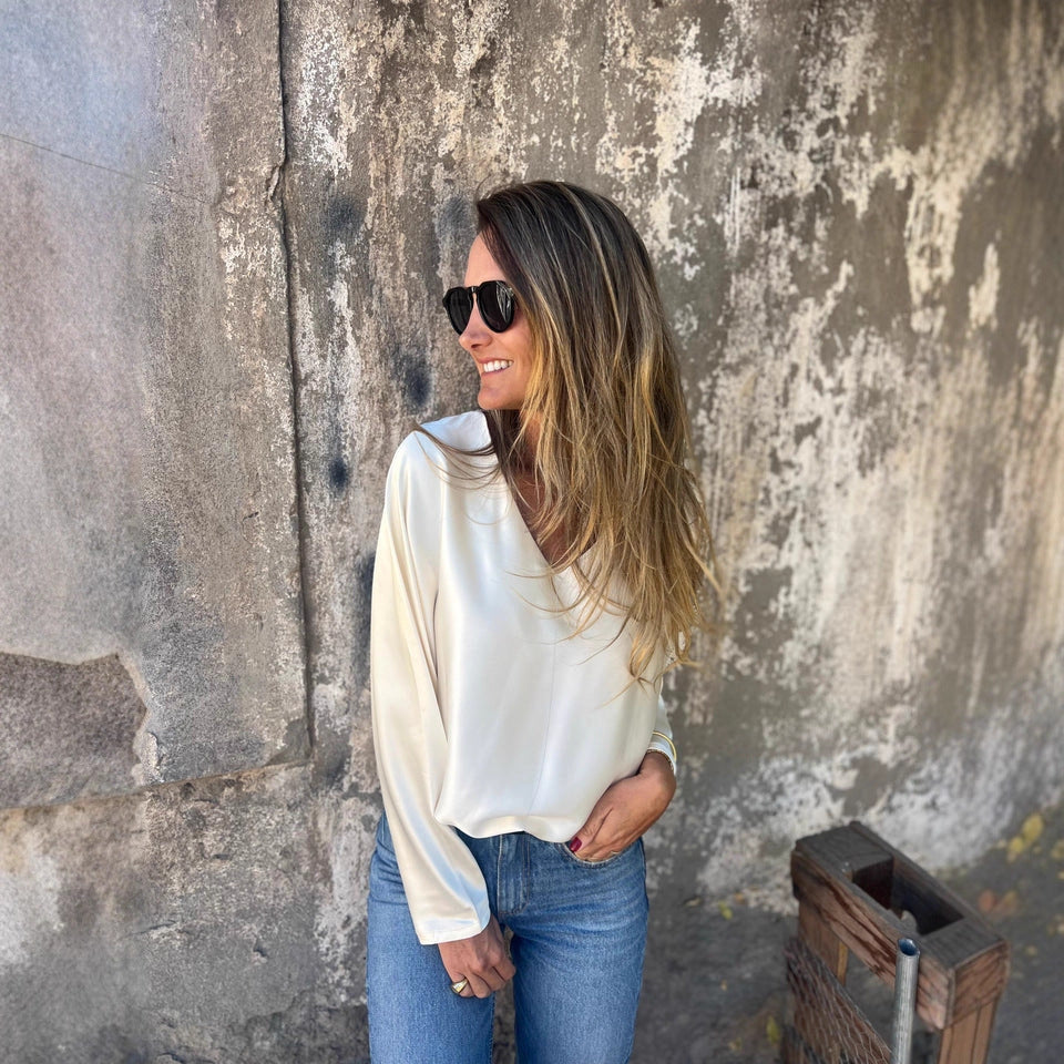 V-neck Loose-fit Long-sleeve Satin Shirt