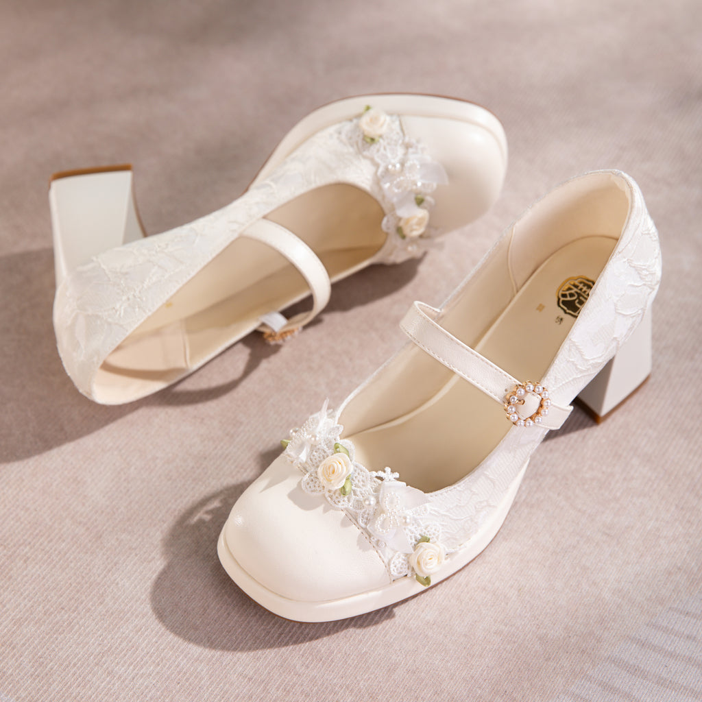 Mie Bai Lace Mary Jane Platform High Heels - Retro Soft Style Bridal Shoes - Versatile White High Heels