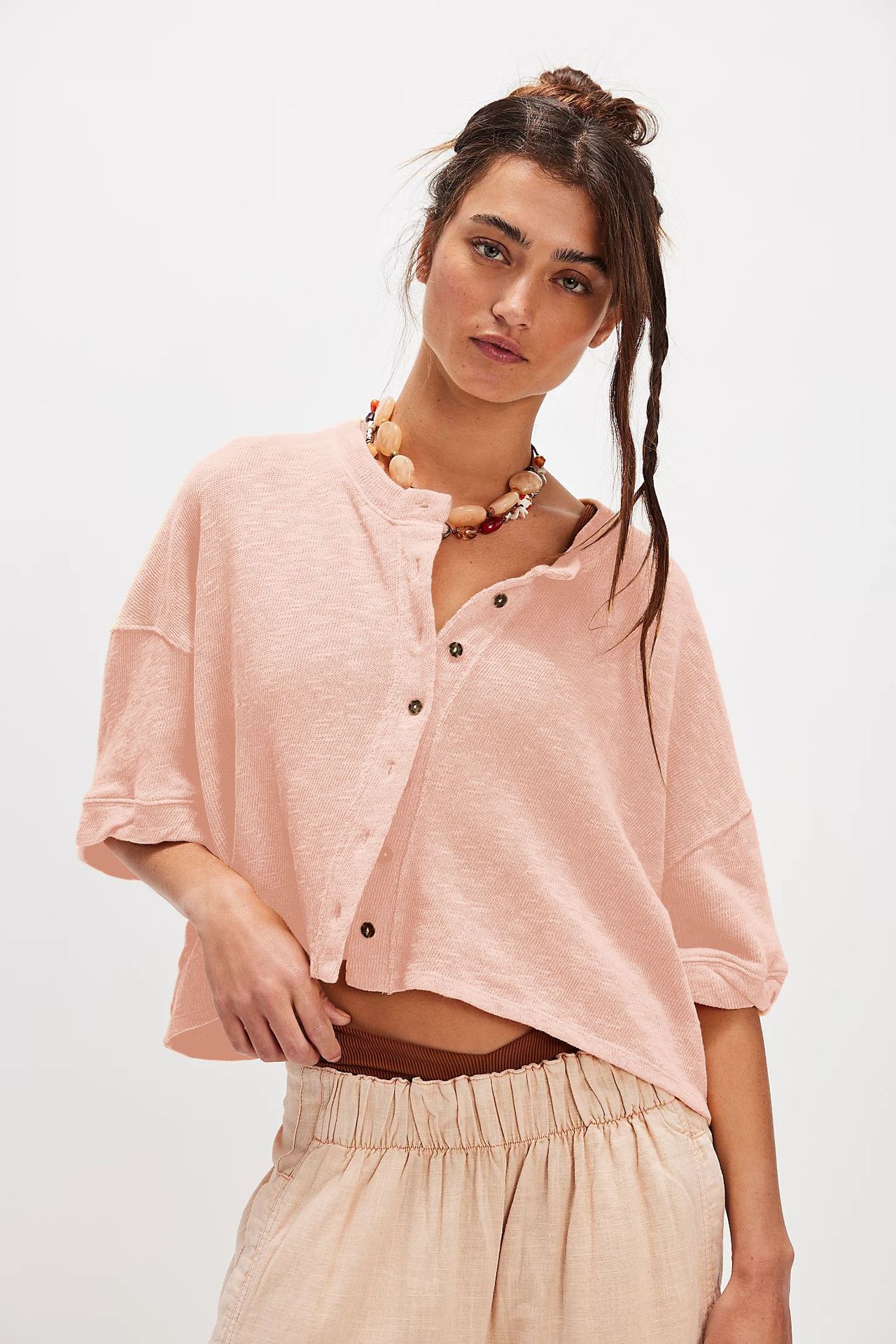 Linen Cardigan Button-up Top Three-quarter Sleeves Solid Color Womens Clothing