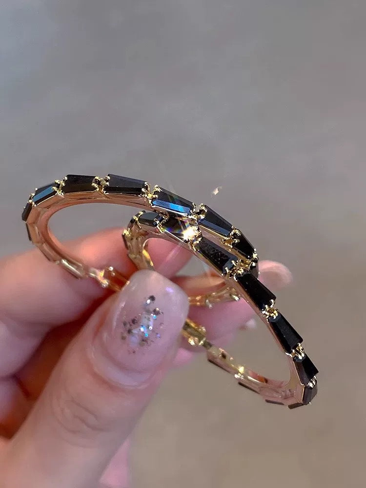 French Advanced Sense Black & Rhimestone Hoop Earrings