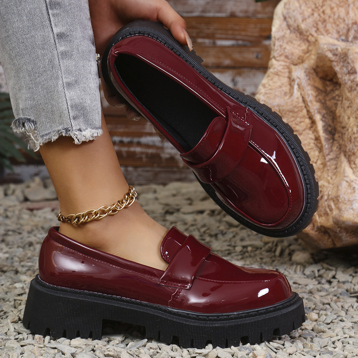Plus Size British Style Slip-on Thick Bottom Chunky Heel Stylish Loafers