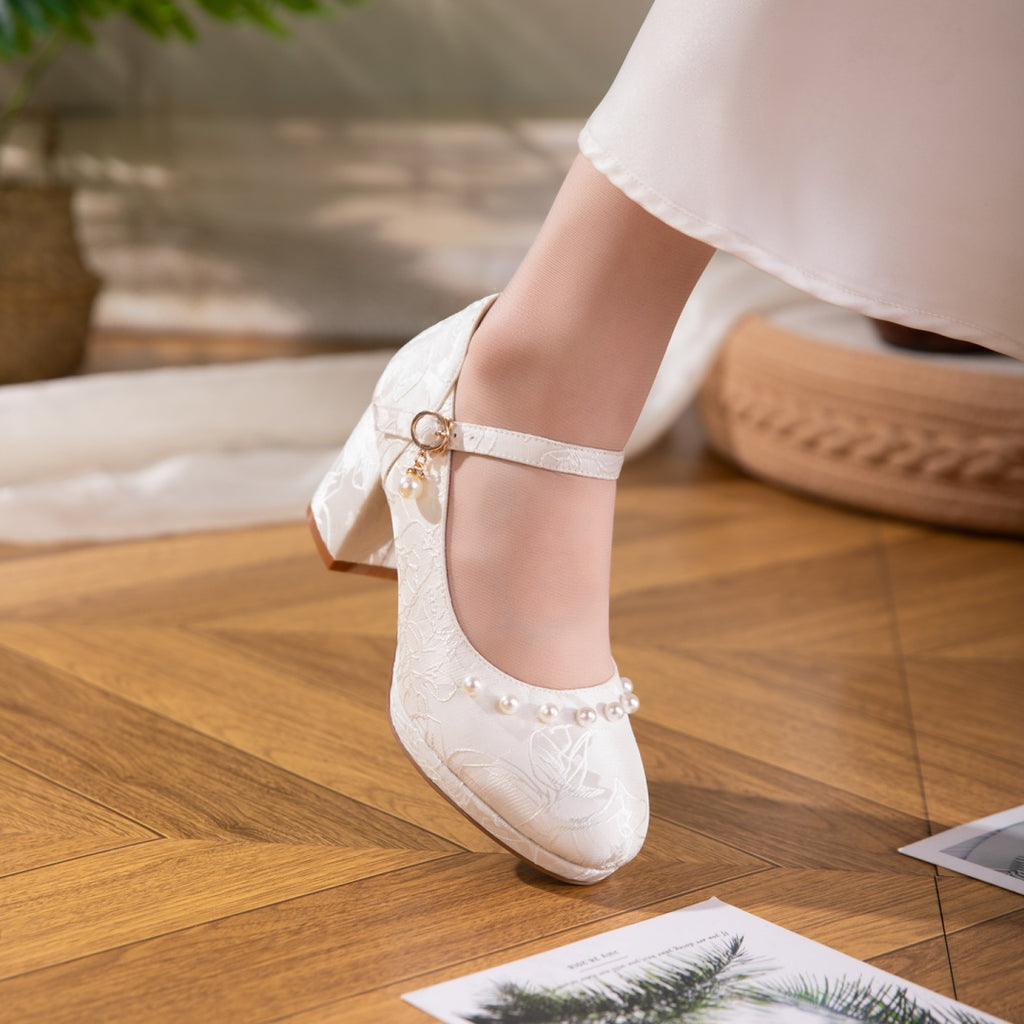 White And Beige Jacquard Mary Jane Style Women's Shoes With Thick Soles And Pearl Bow Straps, Waterproof Platform High Heels, Elegant And Versatile Wedding Shoes, Bridesmaid Shoes, Formal High Heels F