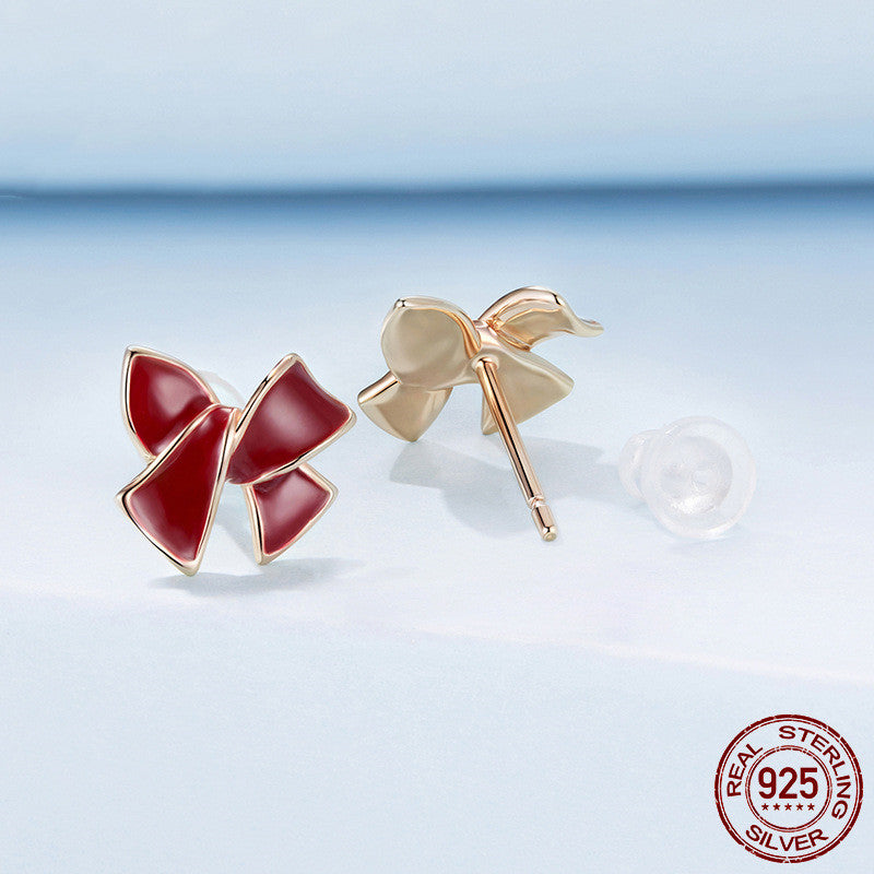 Silver Ziyun Original Wine Red Bow Stud Earrings