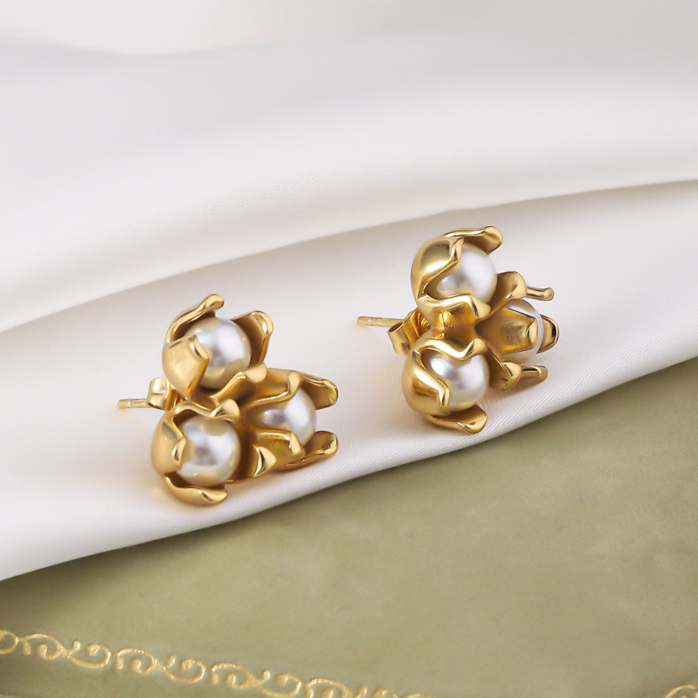 Stainless Steel Earrings Temperament Colorfast Plating 18K Dold Pearl