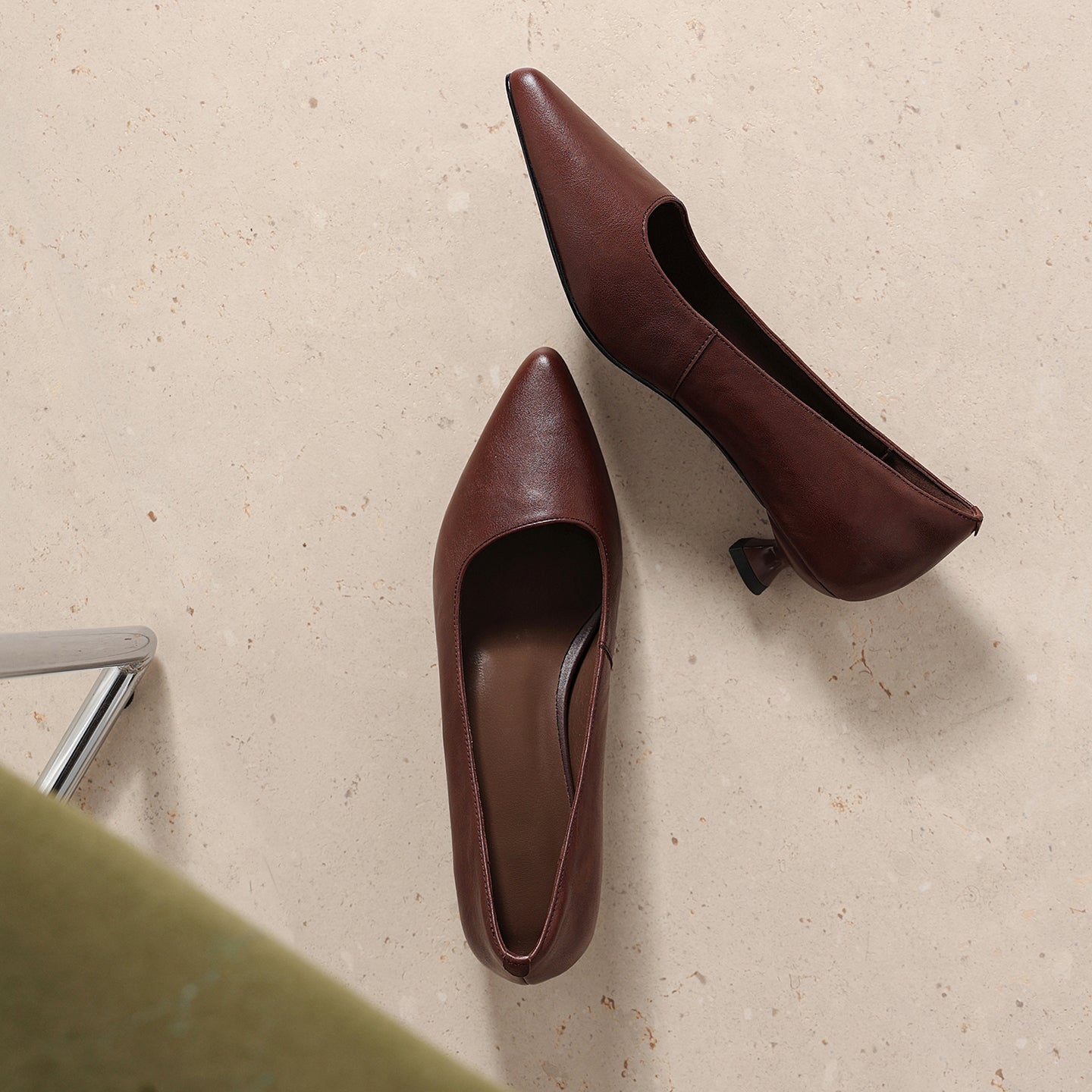 Women's Washed Full-Grain Cowhide Kitten Heel Pumps, Pointed Toe Handcrafted Leather Office Shoes
