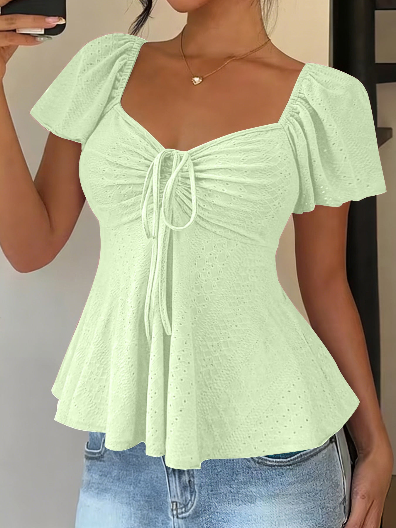 Euramerican V-neck Drawstring Tie-up Top