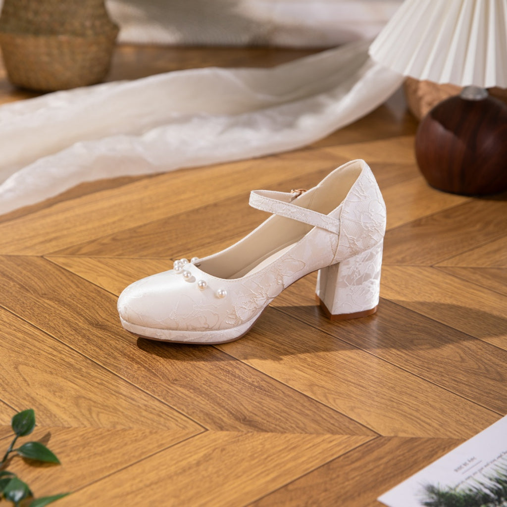 White And Beige Jacquard Mary Jane Style Women's Shoes With Thick Soles And Pearl Bow Straps, Waterproof Platform High Heels, Elegant And Versatile Wedding Shoes, Bridesmaid Shoes, Formal High Heels F