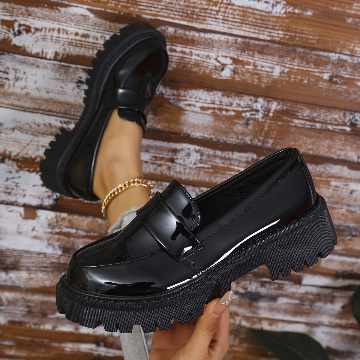 Plus Size British Style Slip-on Thick Bottom Chunky Heel Stylish Loafers