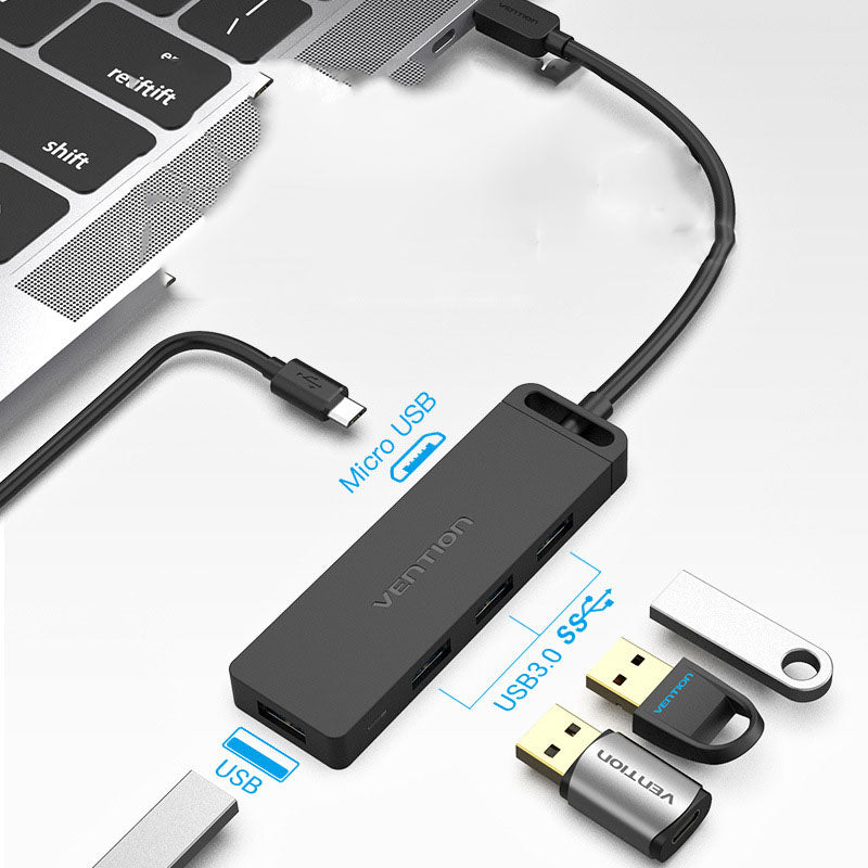 Type-C To USB3.0x4 HUB Micro USB Powered ABS Black