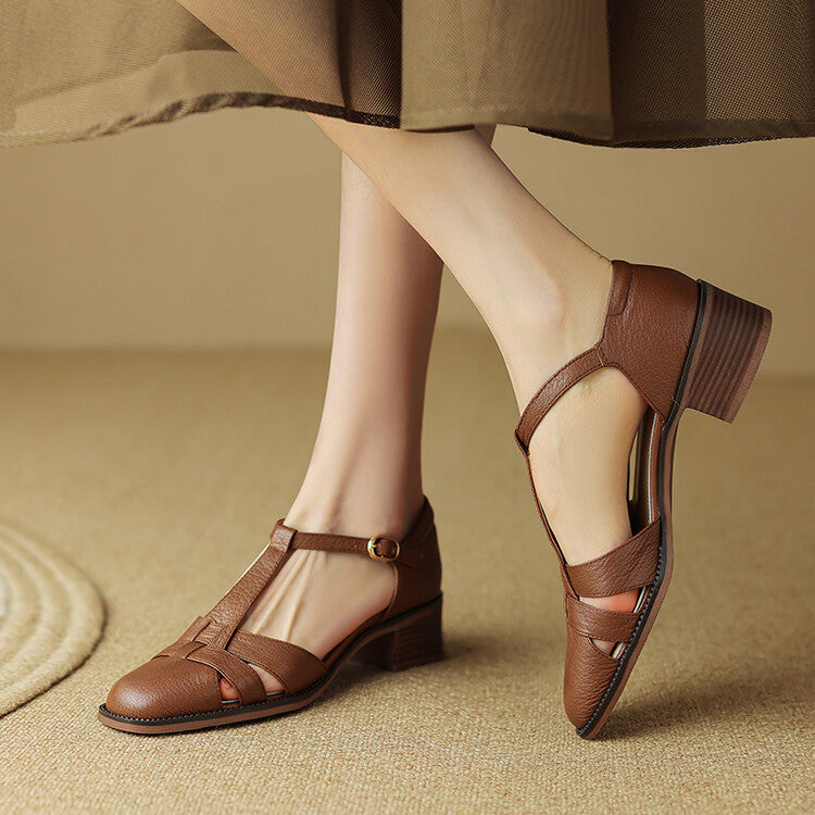 Female T-type Belt Hollow-out Chunky Heel Round-toe Sandles