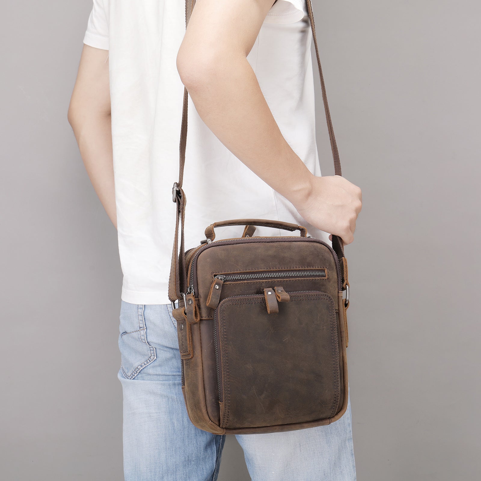 Genuine Leather Shoulder Messenger Bag Vintage Crazy Horse
