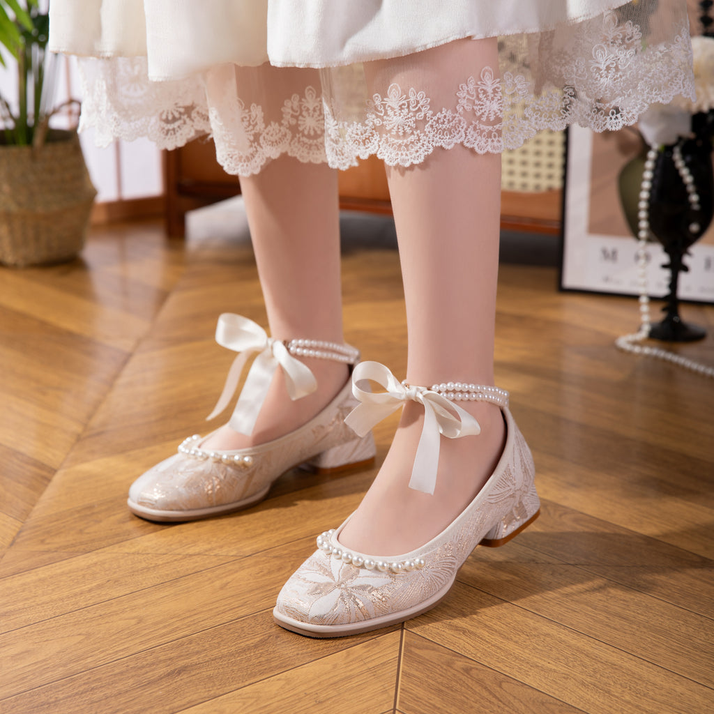 2026 New Jacquard Mary Jane Low Heel Women's Shoes - Pearl Ribbon Bow Square Toe Flared Single Shoes - Soft And Versatile Wedding Shoes