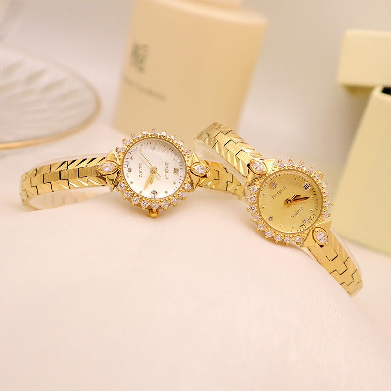 Exquisite Vintage Jewelry High Sense Precision 5A Diamond Embossed Bracelet Temperament Quartz Small Golden Watch Wholesale
