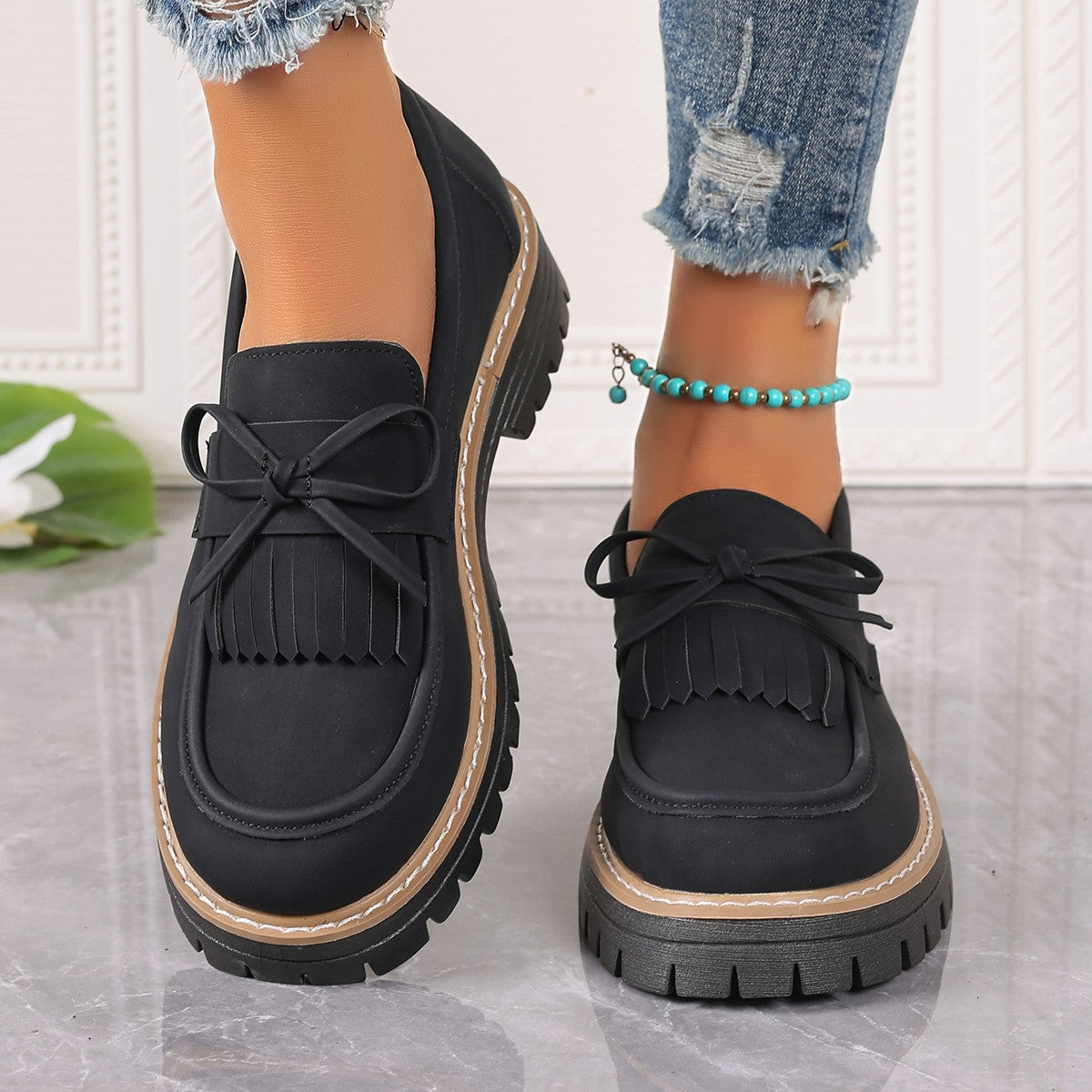 Plus Size Loafers Women Tassel Thick Heel Bowknot
