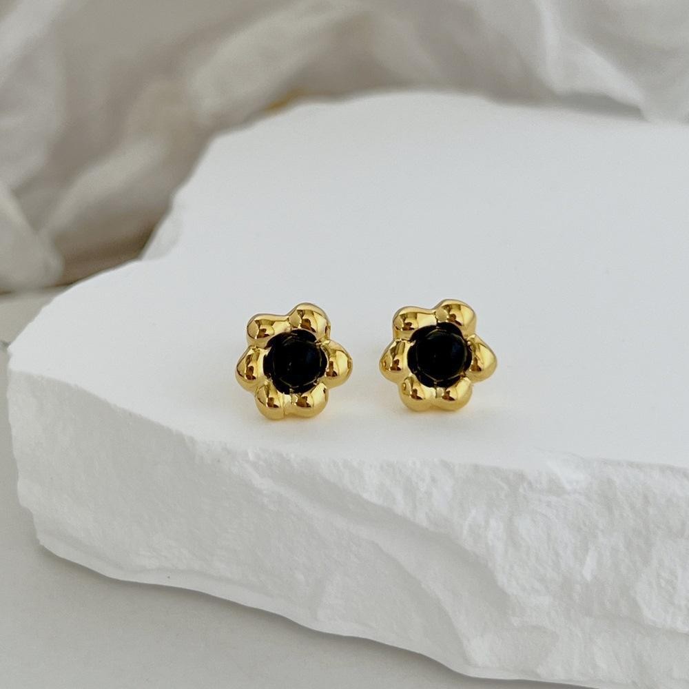 S925 Sterling Silver Black Agate Flower Small French Retro Simple