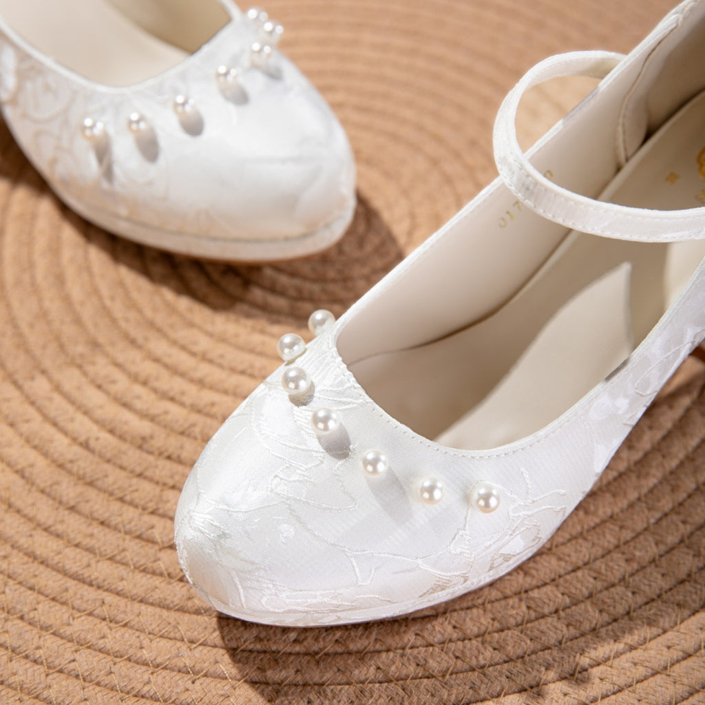 White And Beige Jacquard Mary Jane Style Women's Shoes With Thick Soles And Pearl Bow Straps, Waterproof Platform High Heels, Elegant And Versatile Wedding Shoes, Bridesmaid Shoes, Formal High Heels F