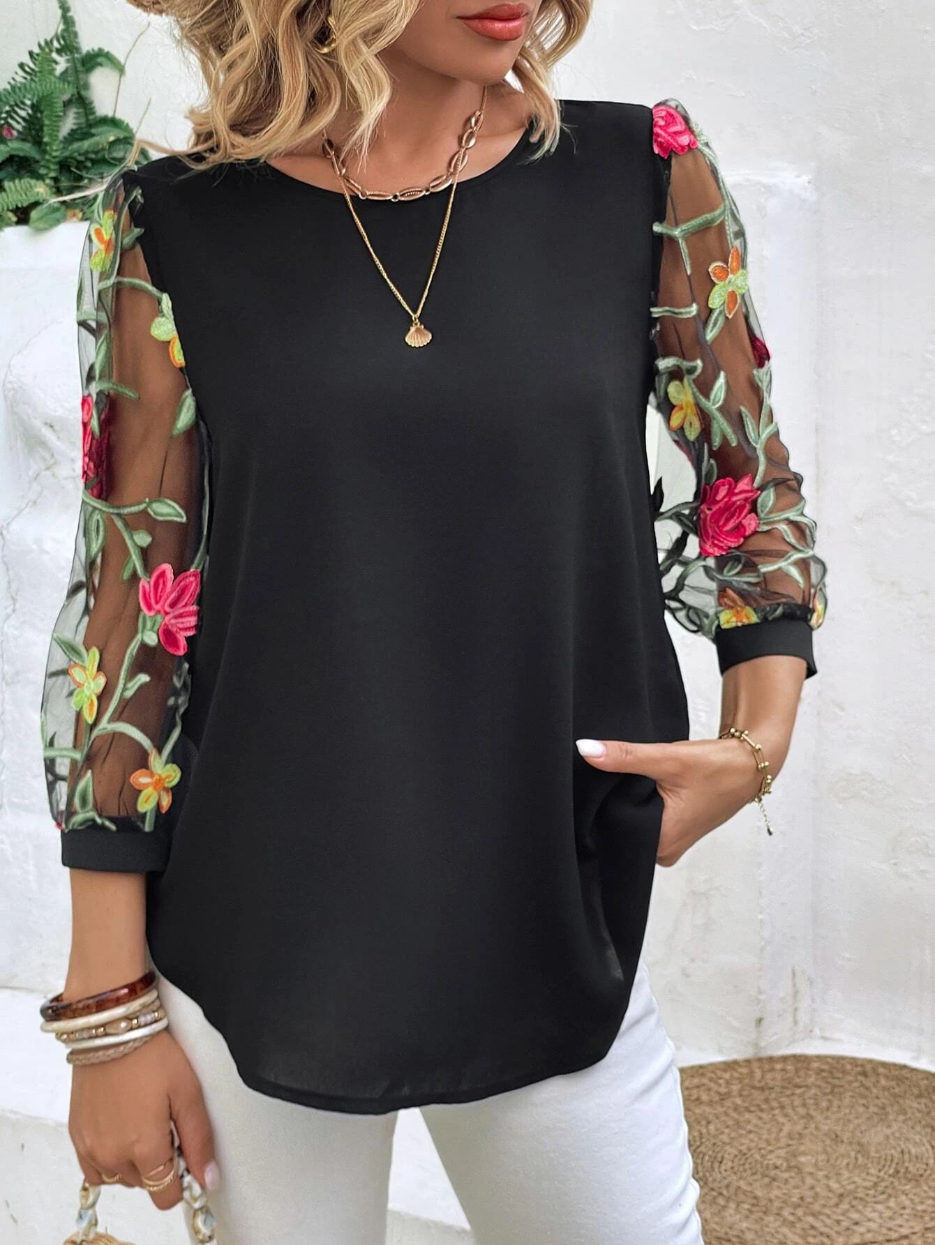 Women's Casual Mesh Black Patchwork Top