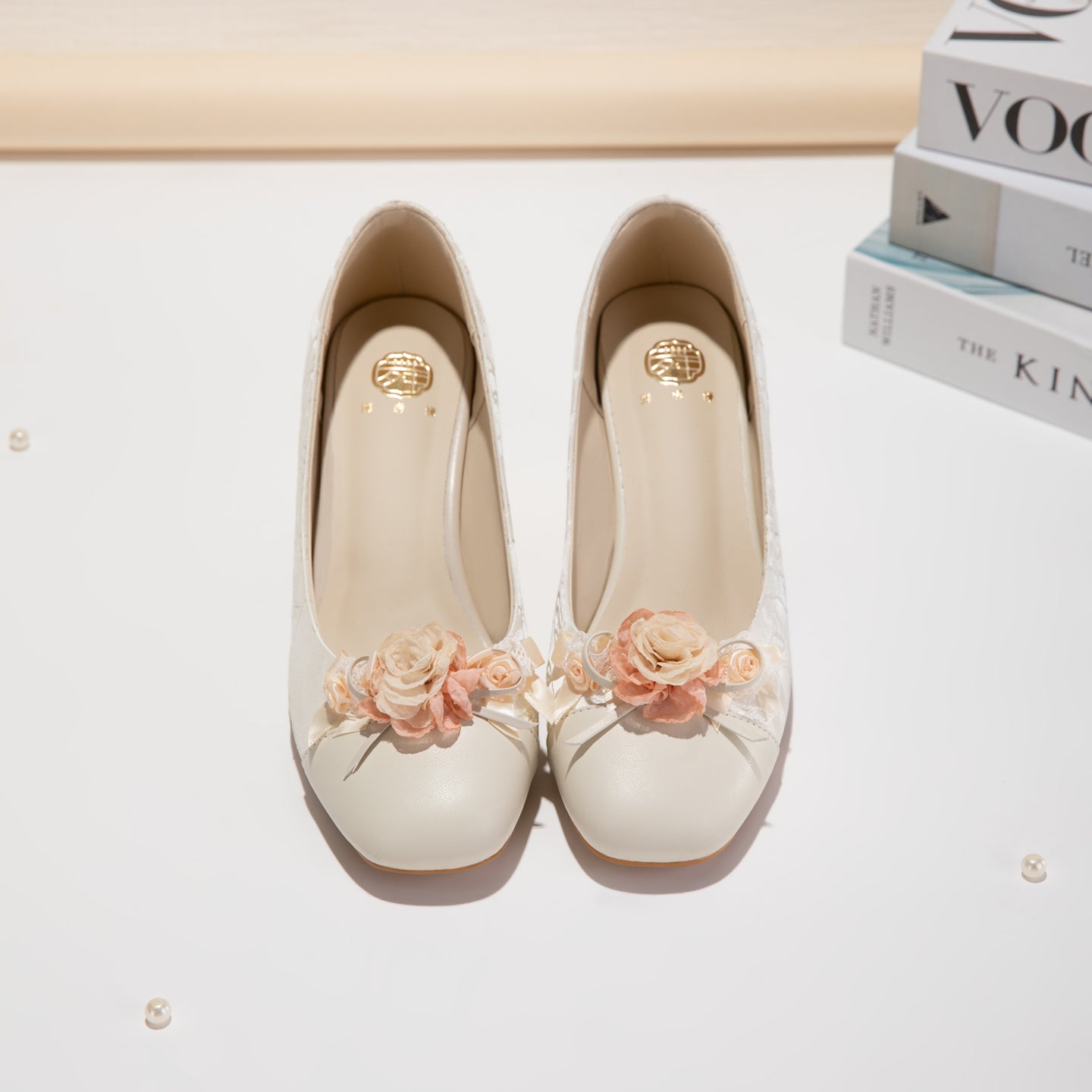 White Floral Block Heel Pumps, Elegant Square Toe Jacquard Women's Dress Shoes