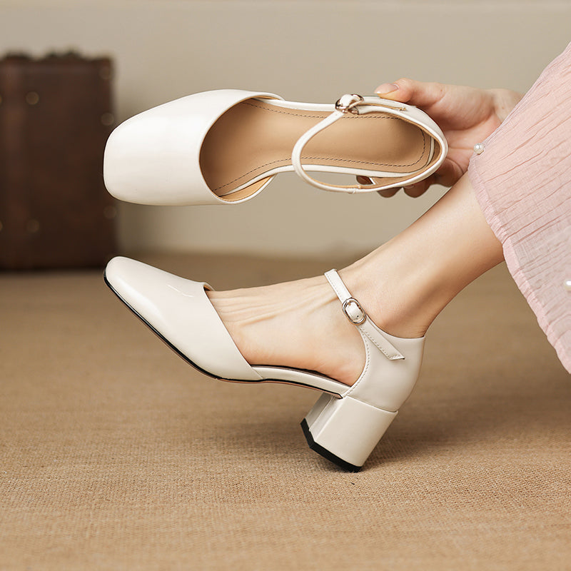 Women's Full-Grain Cowhide Mary Jane Block Heel Sandals, Handmade Leather Square Toe Heels
